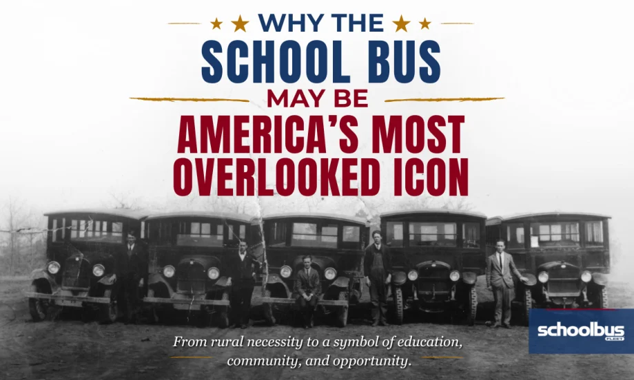 A black and white image of older school buses lined up with text reading "Why the School Bus May Be America's Most Overlooked Icon."