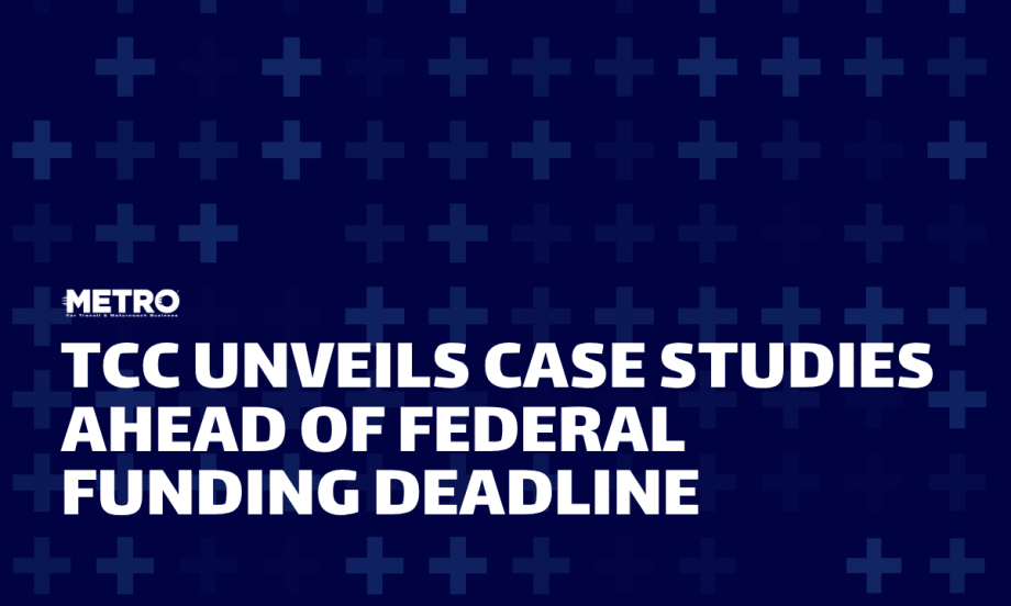 A blue graphic with text reading "TCC Unveils Case Studies Ahead of Federal Funding Deadline."