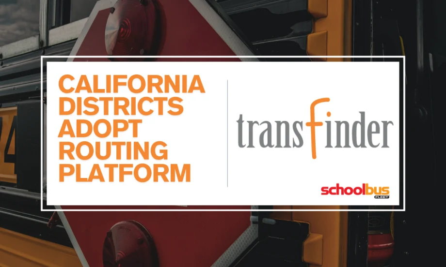 A close up of a school bus stop arm with a graphic overlay. Text reads "California Districts Adopt Routing Platform."