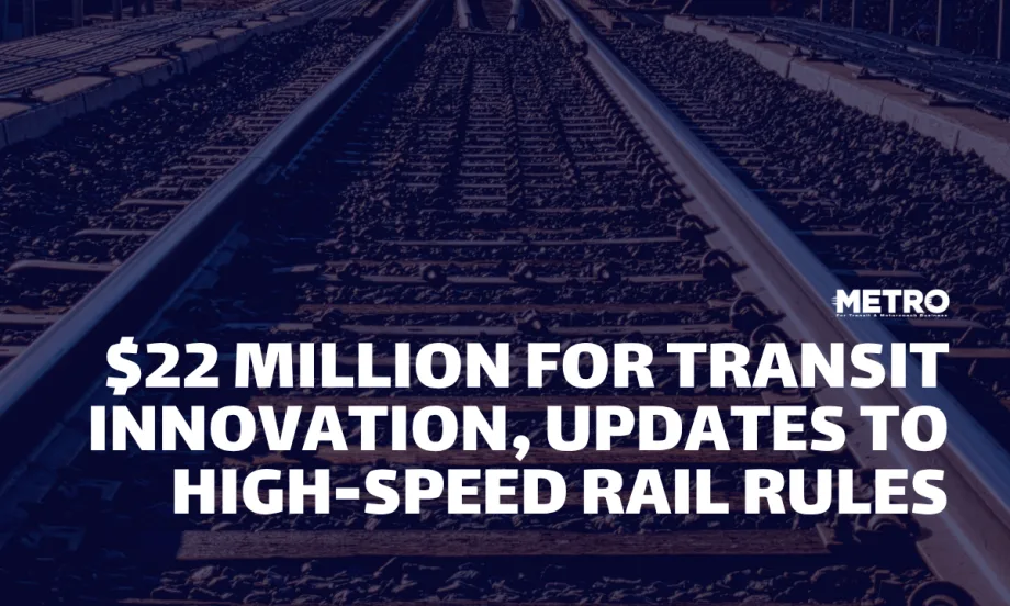 A graphic with an image of railroad track in the background and text reading: "$22 Million for Transit Innovation, Updates to High-Speed Rail Rules."