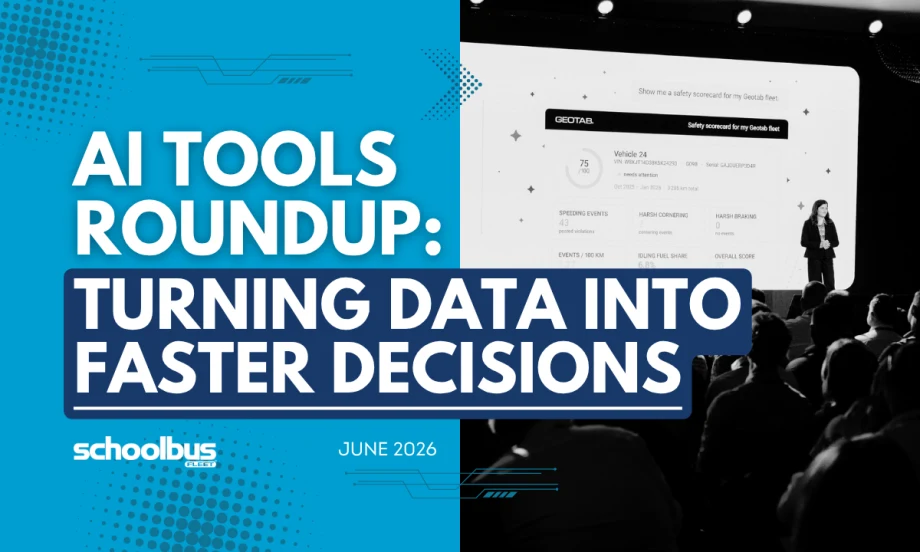 A blue and white graphic with a black and white image of Geotab official on stage with text reading "AI Tools Roundup: Turning Data Into Faster Decisions."