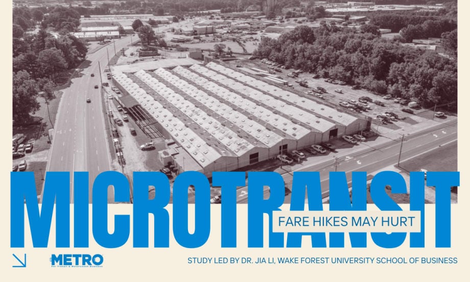 A black and white image of an industrial area in Wilson, North Carolina, with blue text reading "Microtransit Fare Hikes May Hurt."