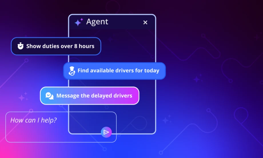 A blue, pink, and purple graphic showing Optibus Agent AI prompts.