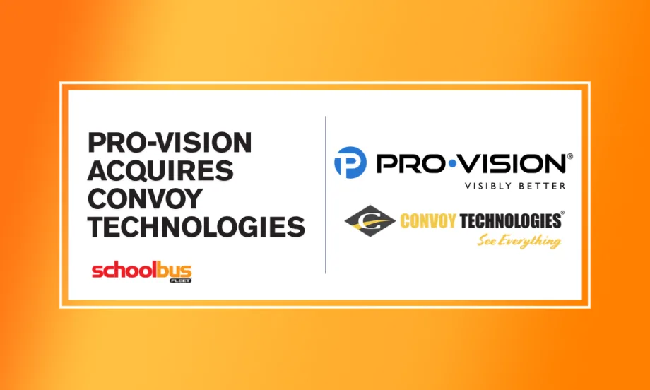 An orange and white graphic with Pro-Vision and Convoy Technologies logos, and text reading "Pro-Vision Acquires Convoy Technologies."