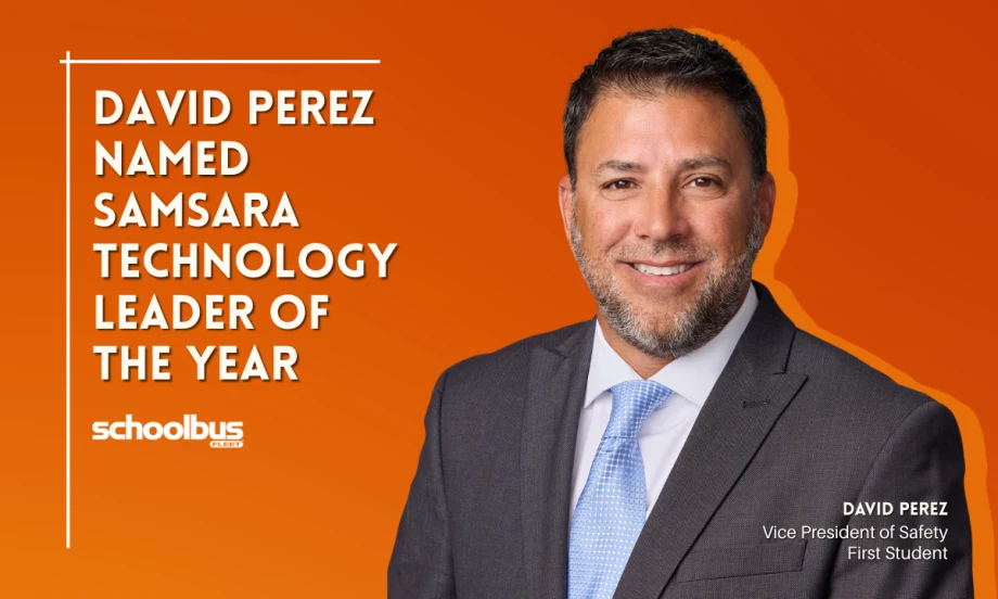 A professional portrait of David Perez on an orange background with text reading "David Perez Named Samsara Technology Leader of the Year."