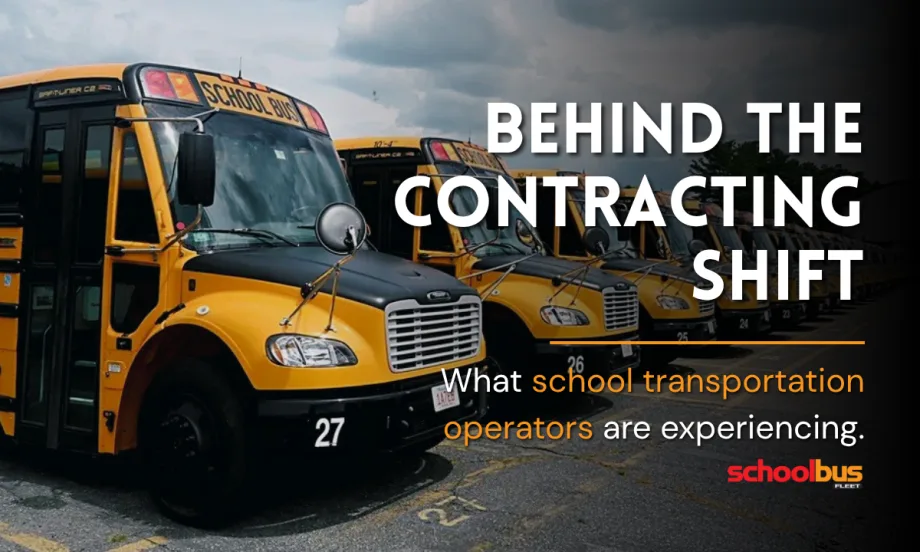 A lineup of Beacon Mobility school buses with text reading "Behind the Contracting Shift."