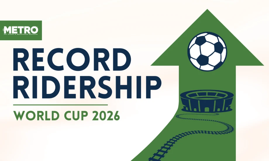 A tan, blue, and green graphic with text reading "Record Ridership: World Cup 2026."