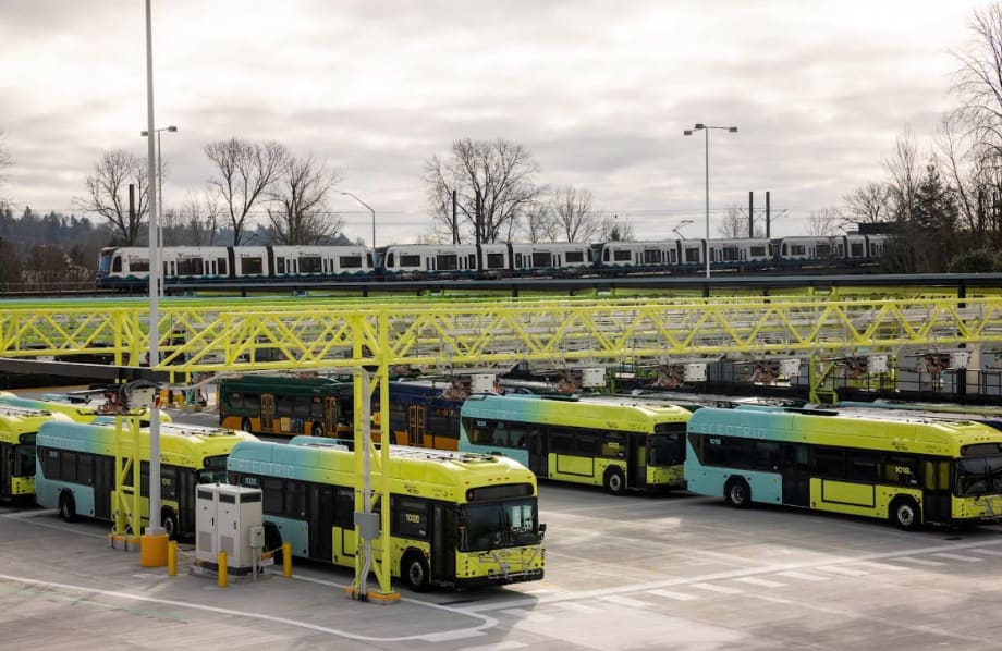 King County Metro's bus depot with Schunk Transit pantograph charging infrastructure.