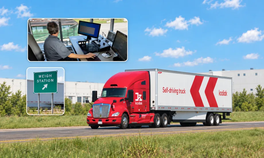 Kodiak tractor-trailer on highway with insets of a weigh station sign and inside of a weigh station control room