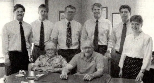Three generations of the Krapf family and employees pose together at George Krapf Jr. & Sons in Glen Moore, Pennsylvania, after the company was named School Bus Fleet’s 1994 Contractor of the Year.