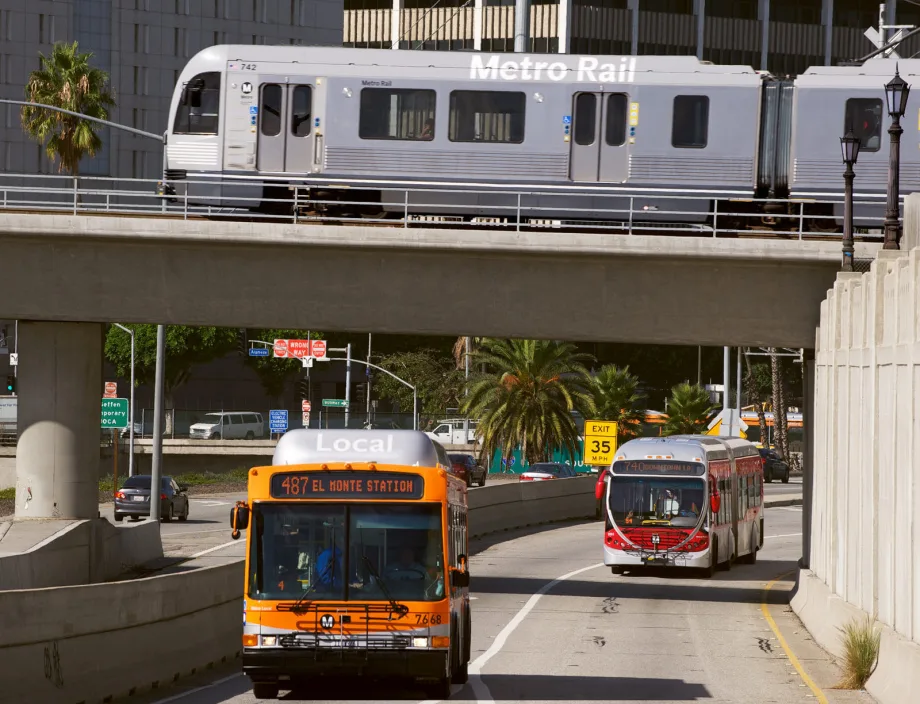 An LA Metro bus and railcar.