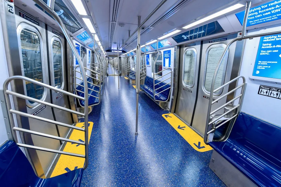 A New York MTA subway car with an open gangway
