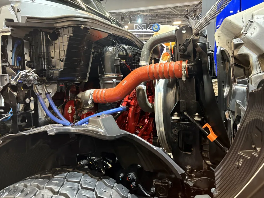 Closeup of engine in Mack truck