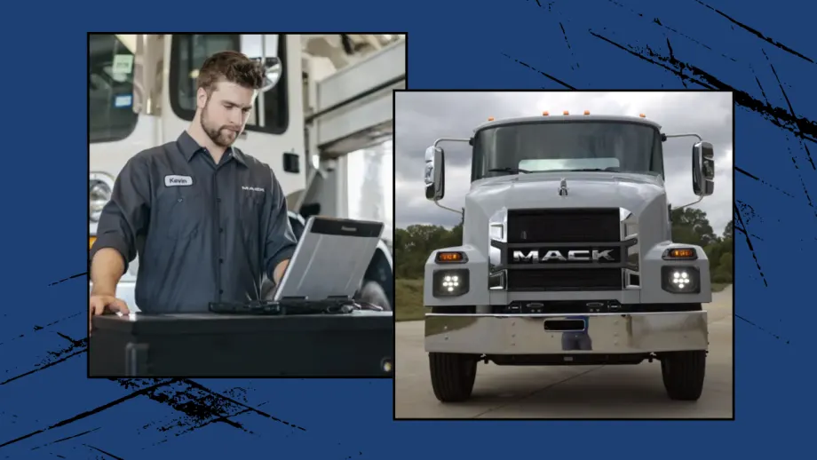 Photos of Mack MD medum-duty truck and Mack technician on a computer in the shop, on a blue background