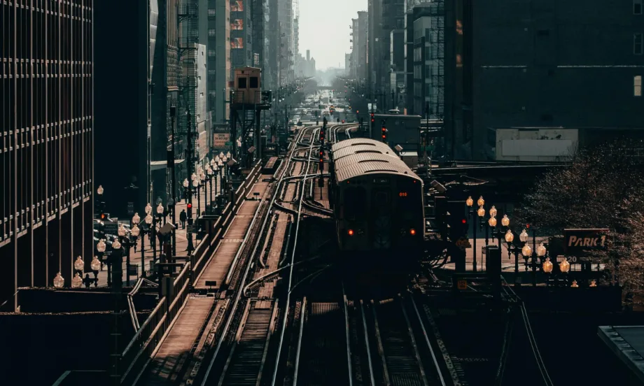 A Chicago rail and rail car in the city.