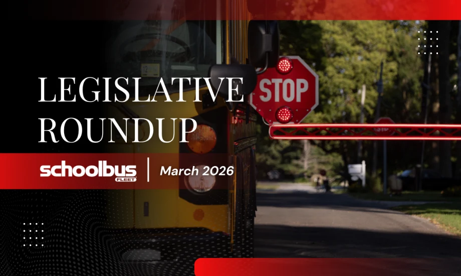 A black, white, and red graphic with an image of a stop-arm gate and text reading "Legislative Roundup March 2026."