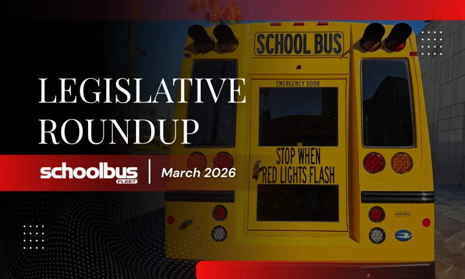 A black, white, and red graphic with an image of the back of a school bus and text reading "Legislative Roundup March 2026."