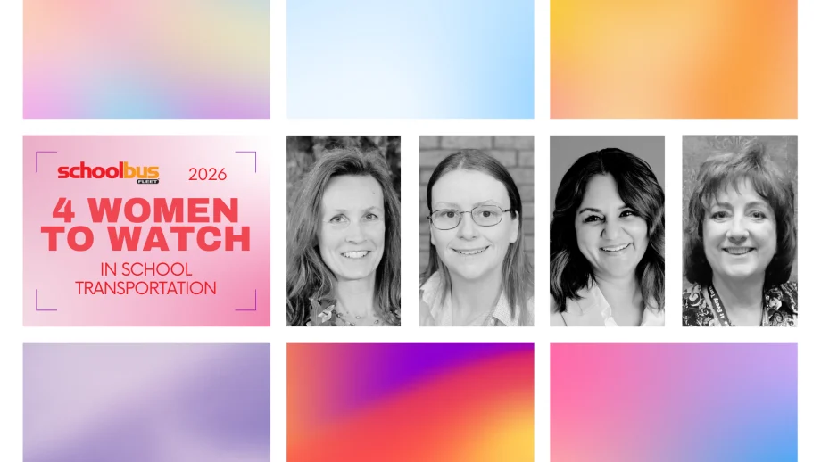 A colorful graphic with 4 portraits and text reading "4 Women to Watch in School Transportation."
