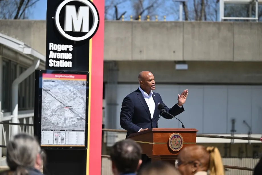 Governor Moore speaking at Maryland light rail station