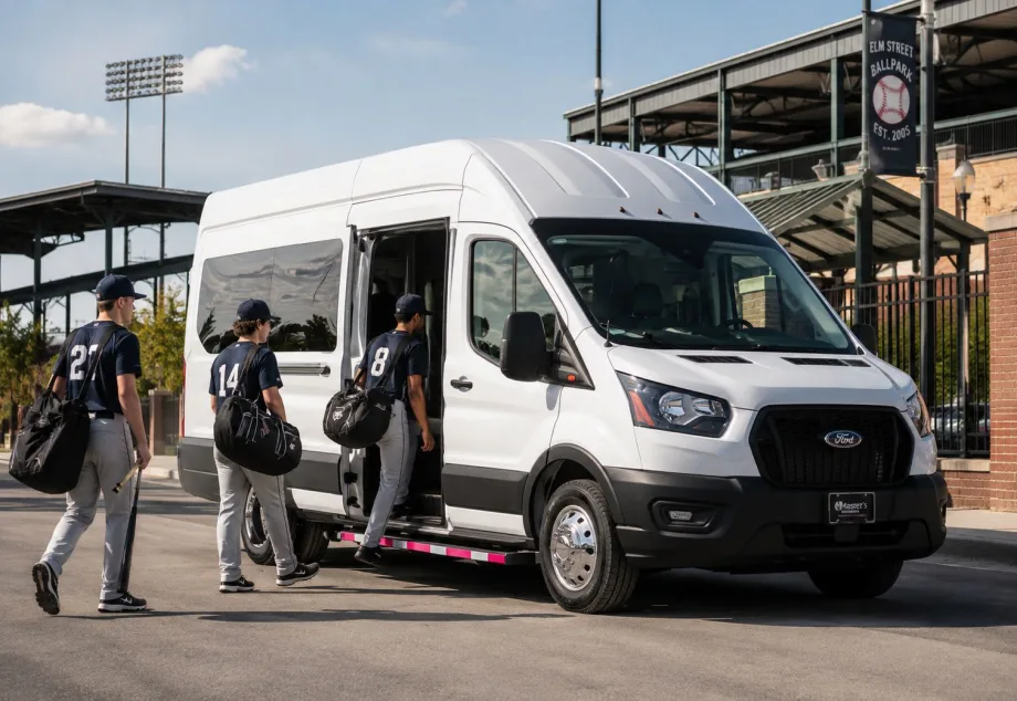 College students boarding a Master's Transportation Bus