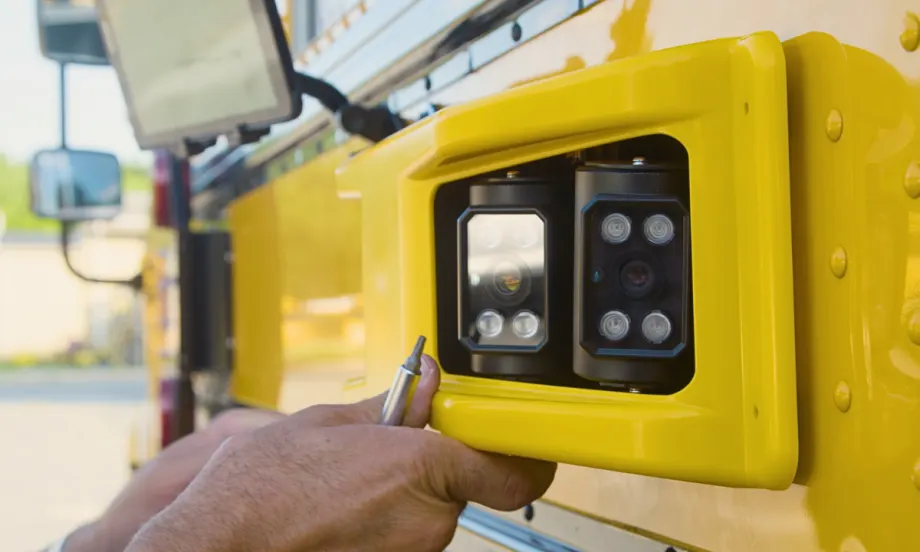 BusPatrol cameras on the side of a school bus.