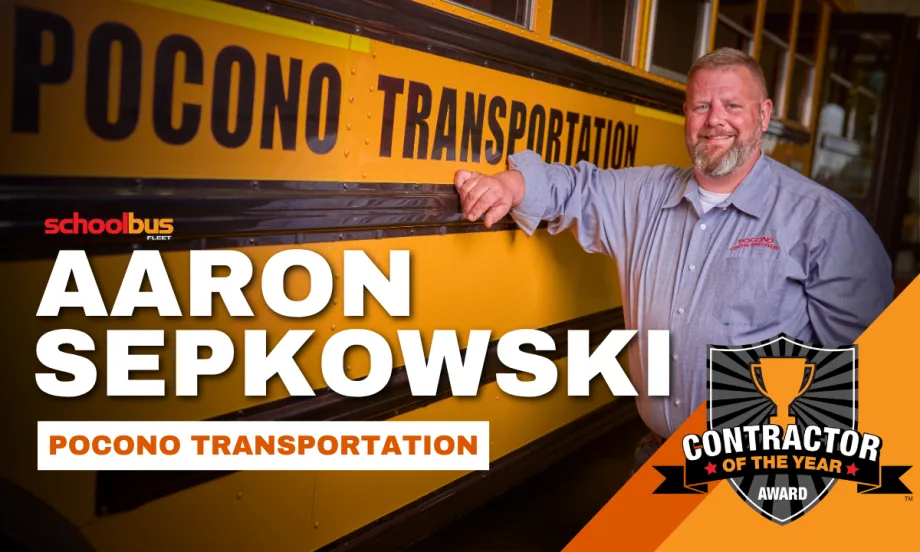 Aaron Sepkowski poses next to a Pocono Transportation school bus. Text read "Aaron Sepkowski, Pocono Transportion," alongside a SBF Contractor of the Year logo.