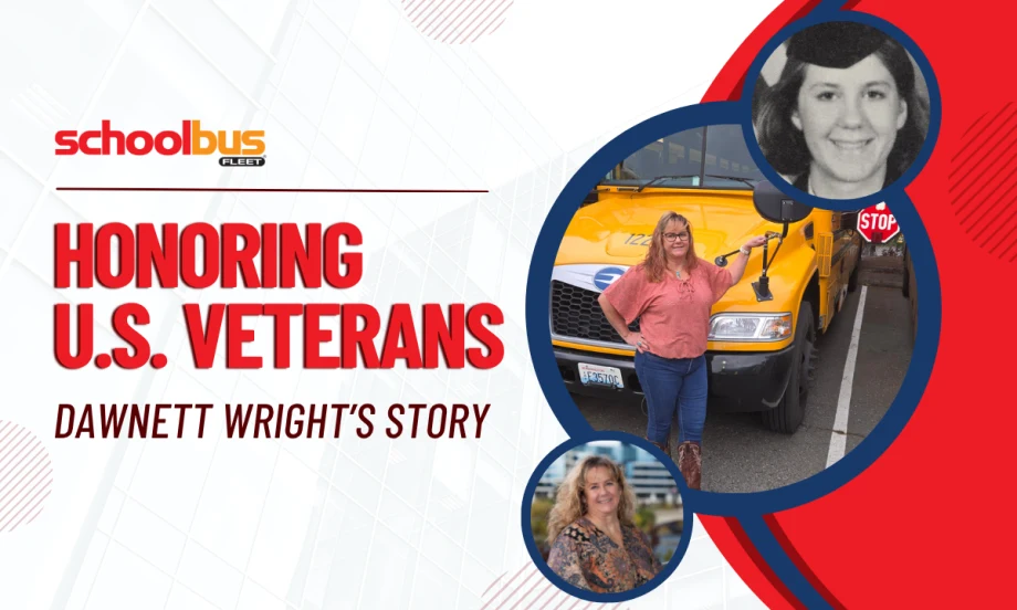 A red, white, and blue graphic with pictures of Dawnett Wright and text reading "Honoring U.S. Veterans: Dawnett Wright's Story."