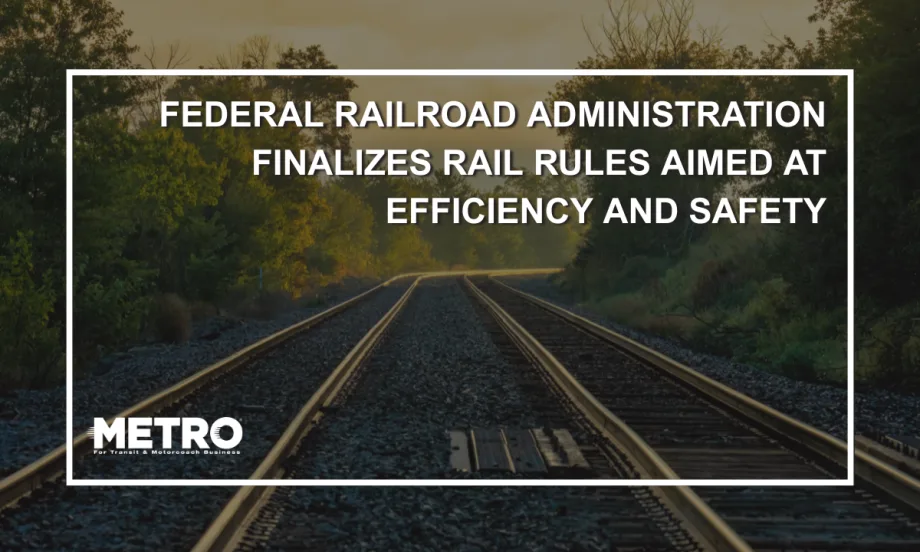 An image of empty railroad tracks in Minnesota with white text reading "Federal Railroad Administration Finalizes Rail Rules Aimed at Efficiency and Safety."