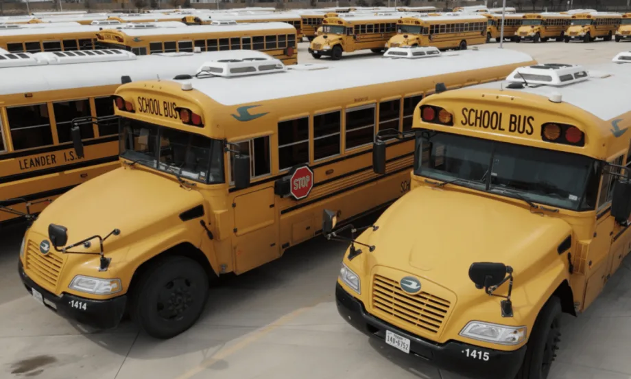 A bus lot of Leander ISD school buses.