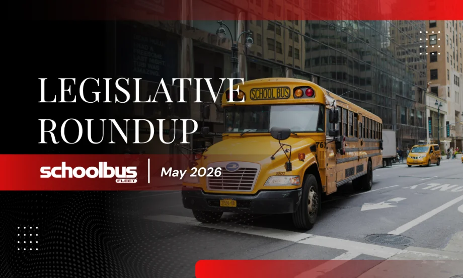 A black, white, and red graphic with an image of a school bus on a New York street and text reading "Legislative Roundup May 2026."