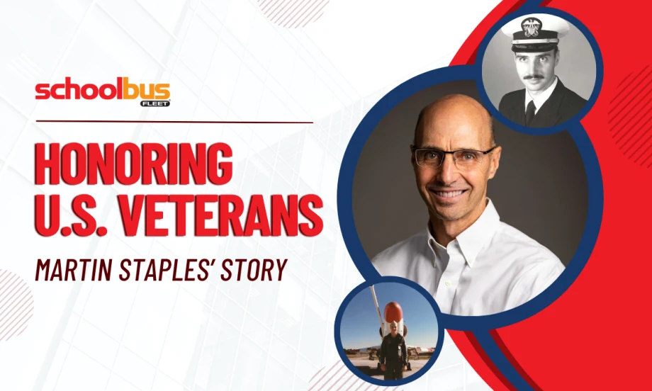 A red, white, and blue graphic with pictures of Martin Staples and text reading "Honoring U.S. Veterans: Martin Staples' Story."
