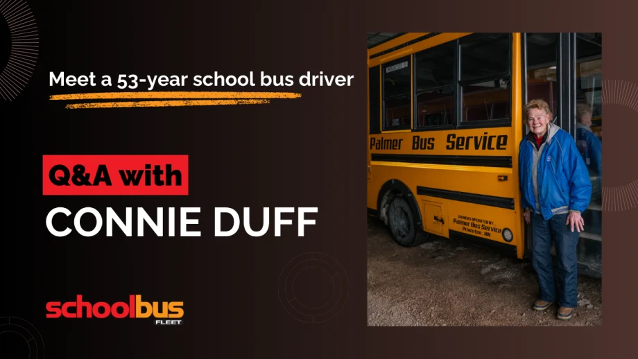 photo of connie duff next to her school bus and text that reads "meet a 53-year school bus driver"