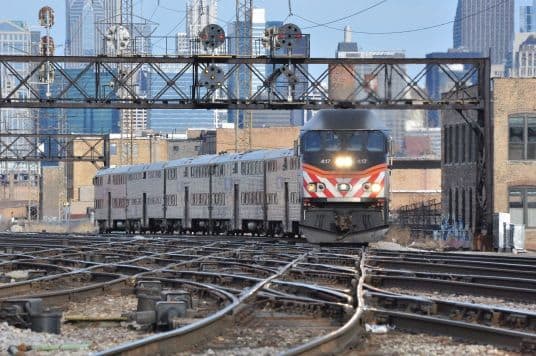 A Chicago Metra train on rail tracks