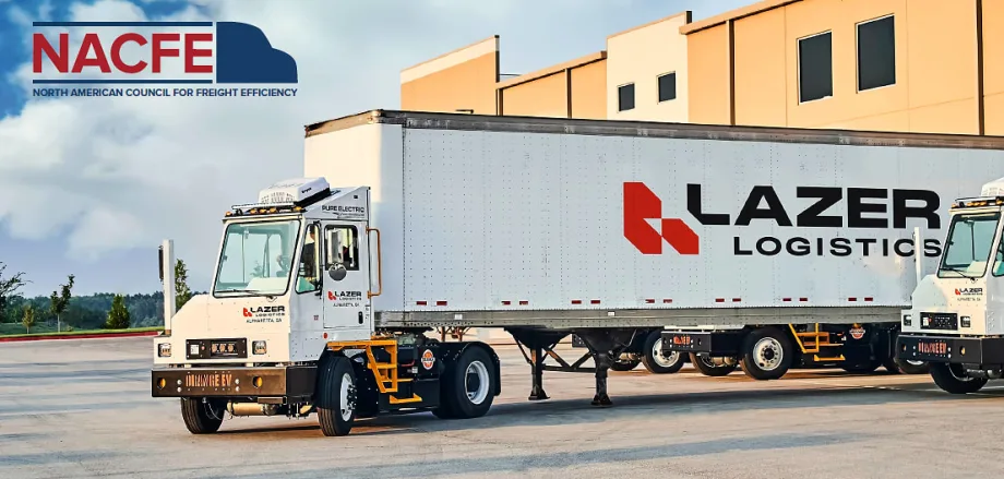 Photo of electric OrangeEV terminal tractor with a Lazer Logistics trailer