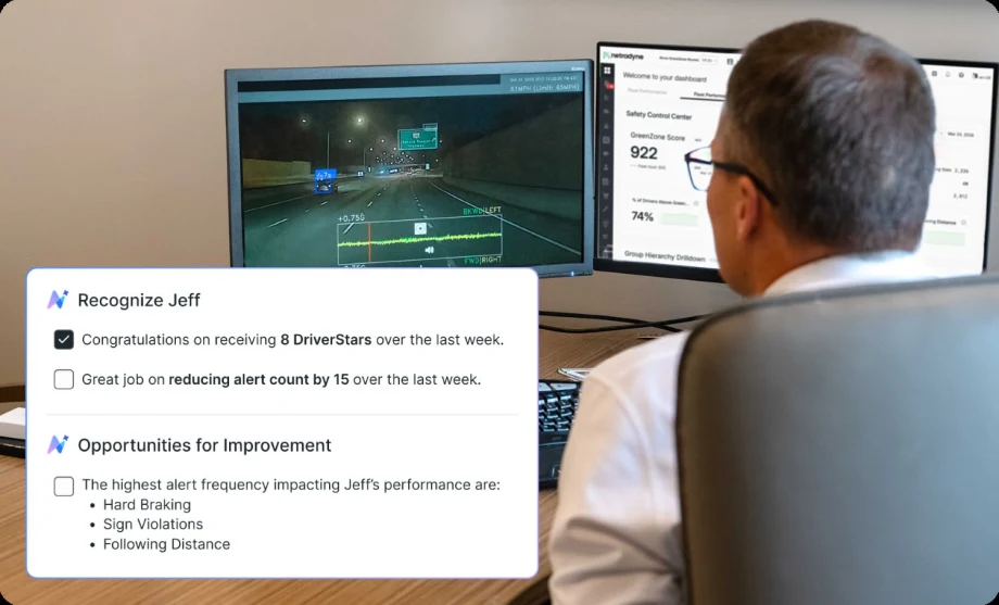 Man seated in front of computer with inset of insights generated for a truck driver