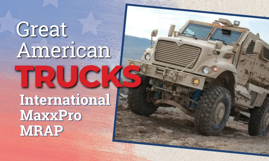 photo of a military truck with "Great American Trucks" wording on top of red-white-and-blue background.