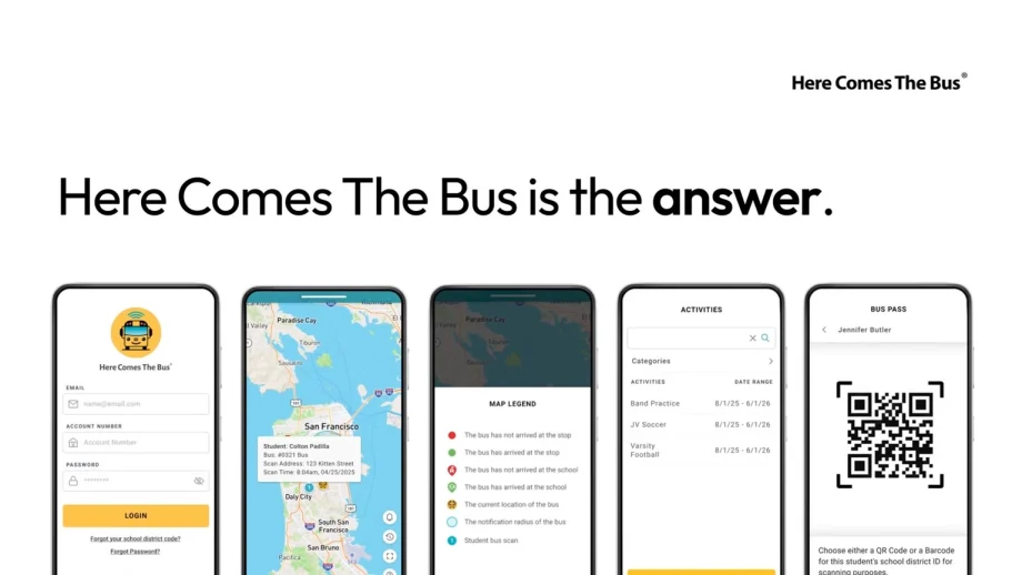 Screenshots of the Here Comes The Bus mobile app displayed on smartphones, showing login screen, real-time bus tracking map, map legend, activities list, and a digital bus pass with QR code.