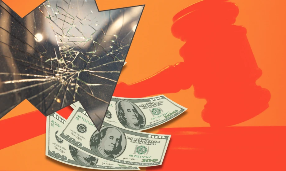 Graphic illustrating court verdicts with money and a cracked windshield with a gavel in the background