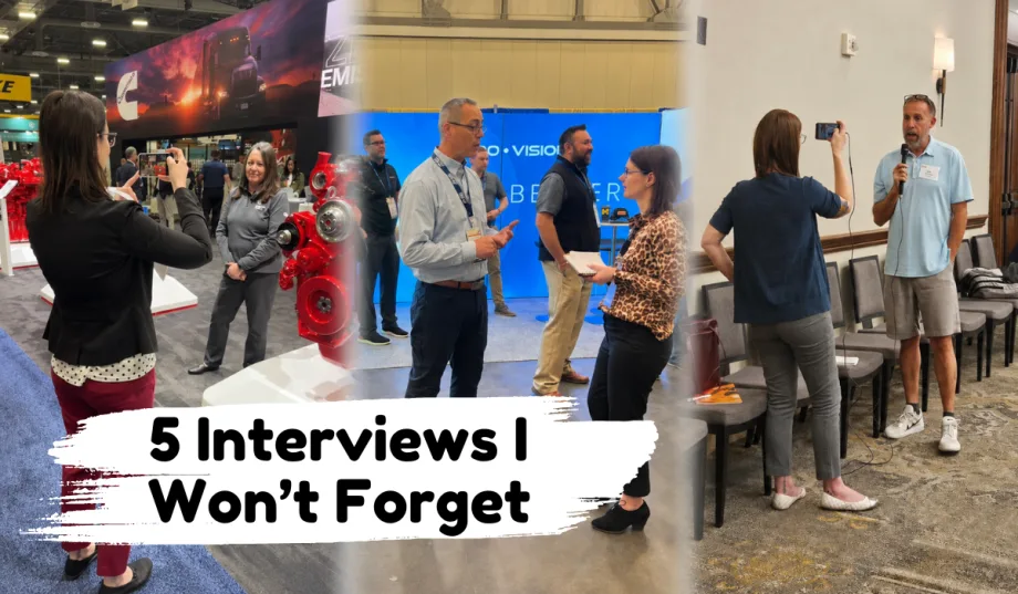 Collage of three School Bus Fleet interviews at industry events with the text, “5 Interviews I Won’t Forget.”