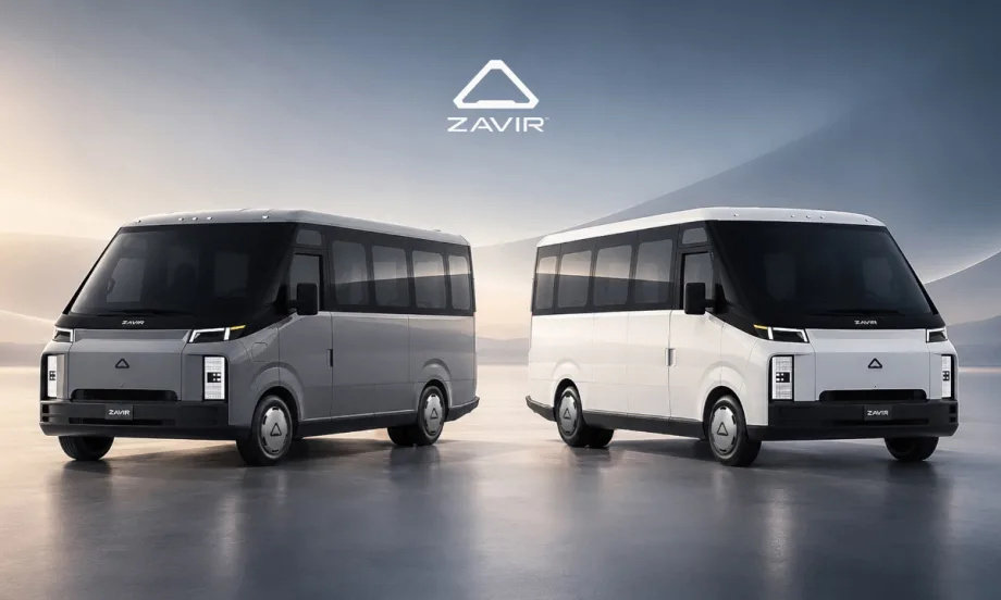 Gray and white ZAVIR medium-duty shuttle concepts shown side by side with the ZAVIR logo above them.