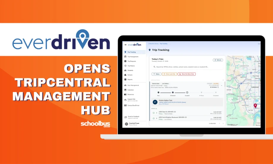 School Bus Fleet graphic featuring the EverDriven logo and a laptop displaying the TripCentral trip tracking dashboard, with the headline “EverDriven Opens TripCentral Management Hub.”