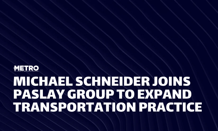 A blue and white graphic with text reading "Michael Schneider Joins Paslay Group to Expand Transportation Practice."