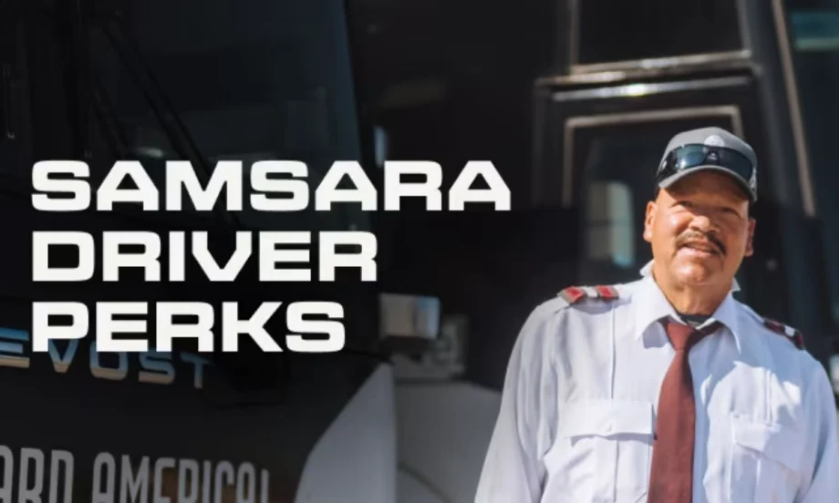 A professional driver stands in front of a bus beside text reading “Samsara Driver Perks.”
