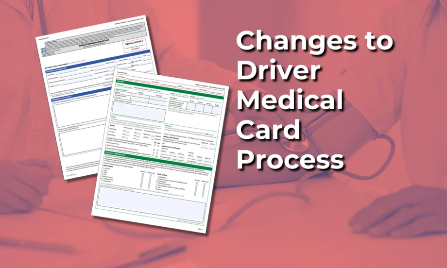 Illustration of driver medical exam paperwork over duotone background of a blood pressure check