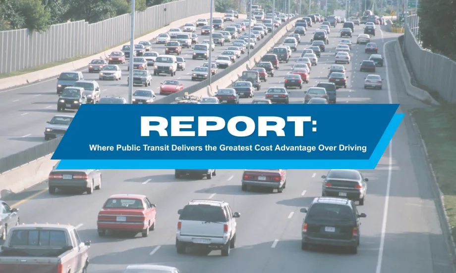 Traffic fills a multi-lane highway beside a graphic highlighting a report on where public transit provides the greatest cost advantage over driving.