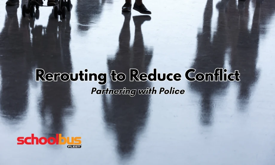 Graphic showing reflections of people walking across a floor with the text, “Rerouting to Reduce Conflict: Partnering with Police.”