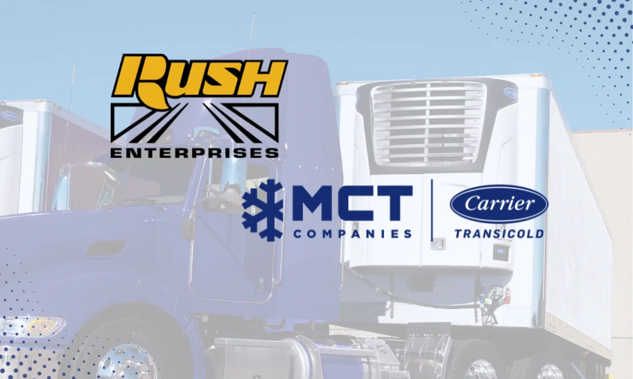 Graphic showing Rush and MCT logos with blue tractor pulling white refrigerated trailer in the background