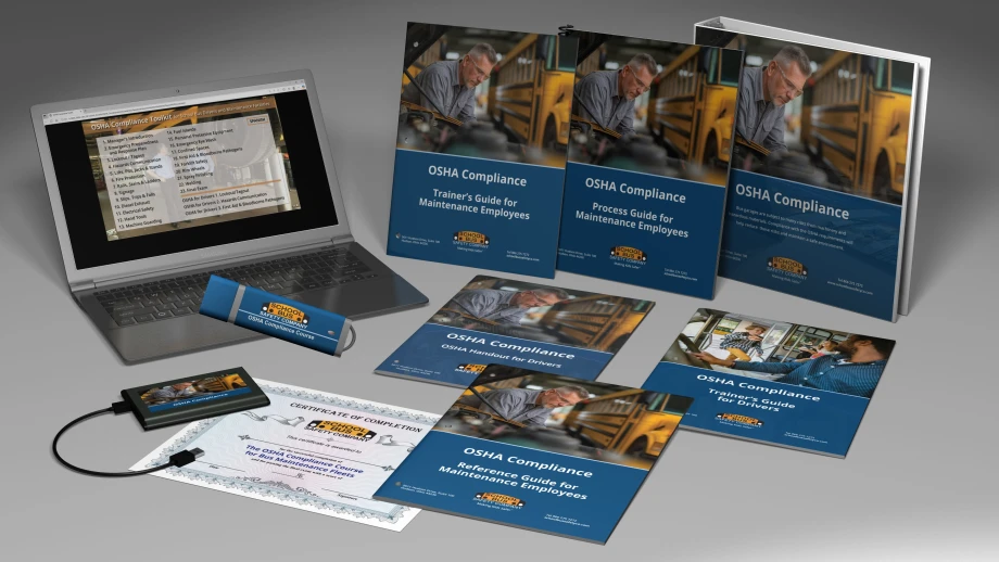 OSHA compliance training materials for school bus technicians and drivers, including manuals, USB drive, certificate, and laptop displaying course content.