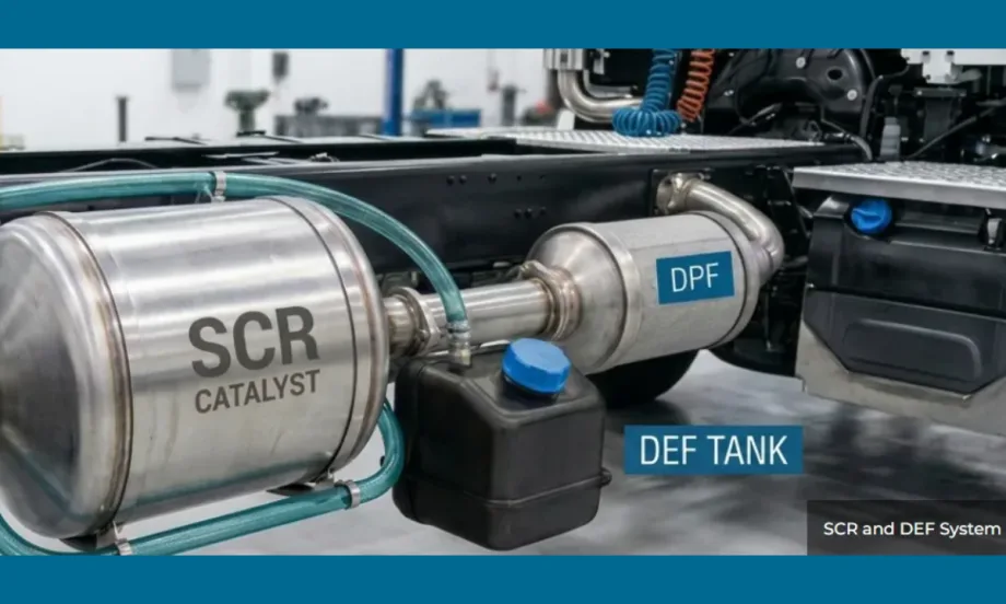 Illustration of SCR/DEF system on heavy-duty truck