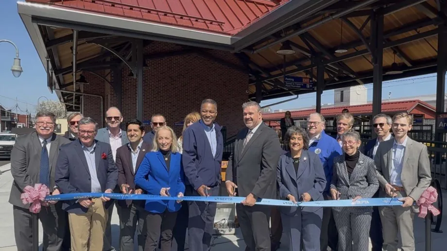 Ribbon cutting photo celebrating SEPTA's new Ardmore Station
